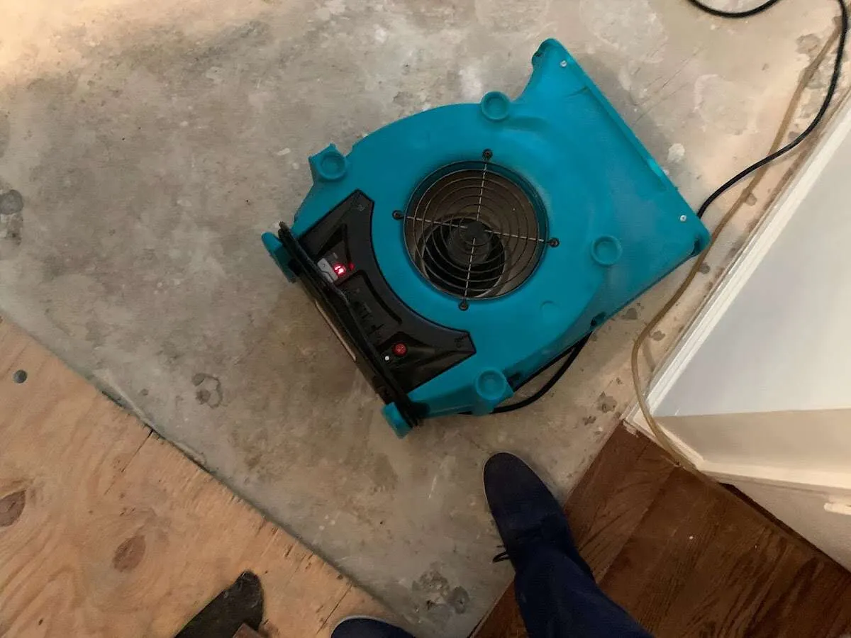 Air mover drying subfloor during Leak Detection & Repair in Pemberton
